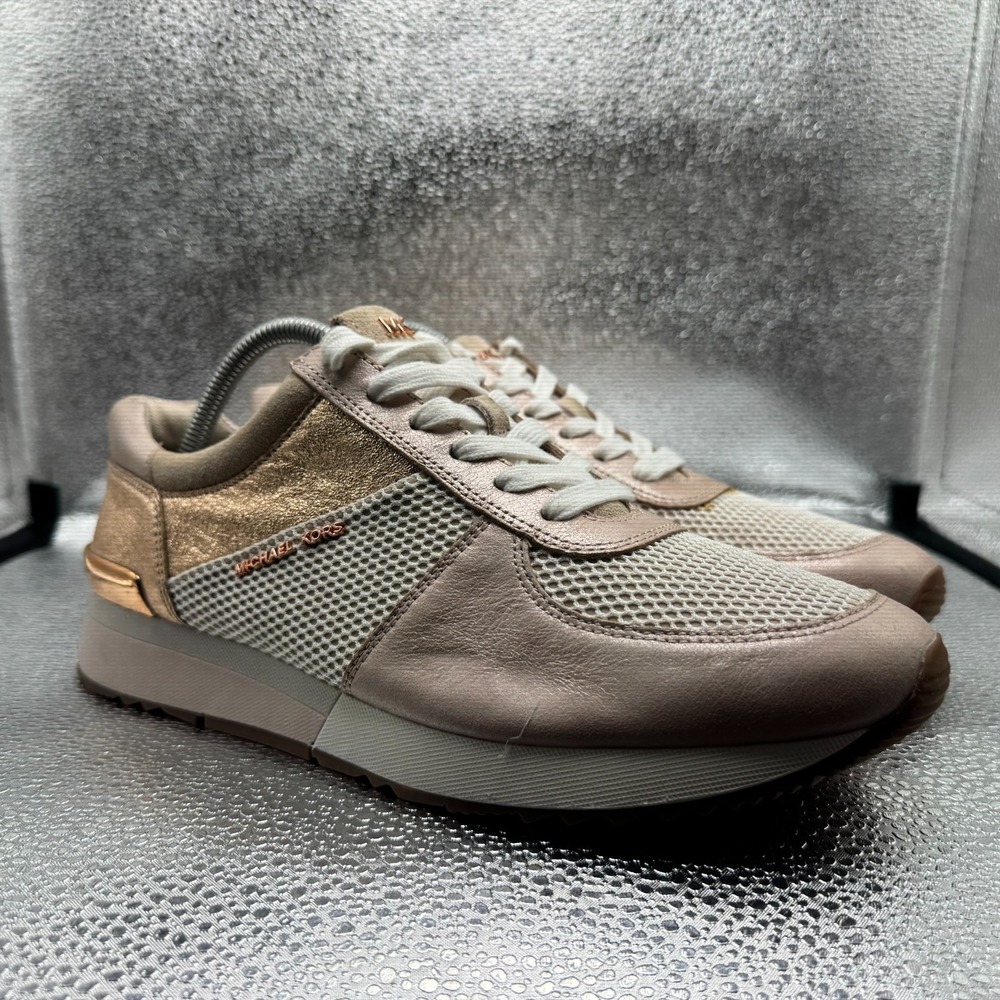 Size 10M Michael Kors Allie Wrap Leather Mesh Gold Rose Mens Sneaker Shoes